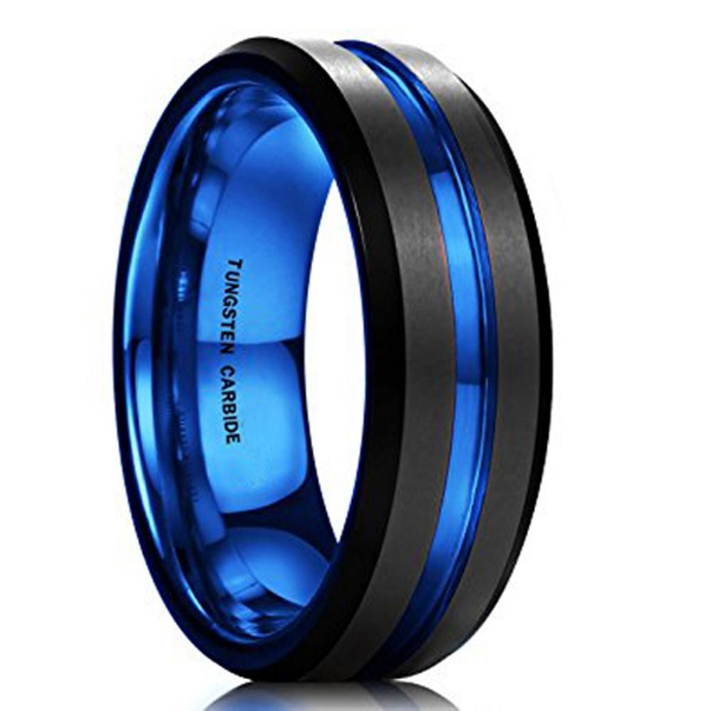 Men's Tungsten Wedding Band (7mm). Black and Blue Tungsten Ring w/ Beveled Edge